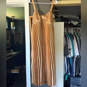 Pleated Satin Midi Dress in Gold-tone with Spaghetti Straps